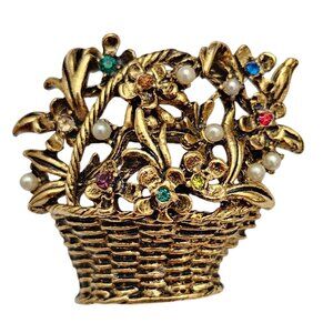 Flower Basket Brooch, Faux Pearl Rhinestone Pin